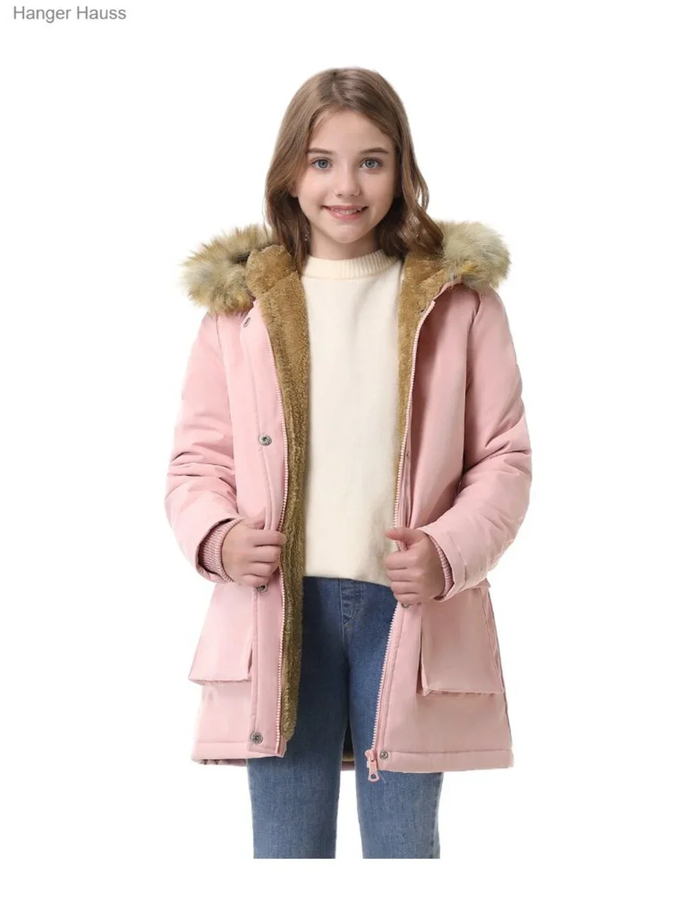Girls' Winter Puffer Jacket with Hood, Fleece Lined, Windproof, Machine Washable